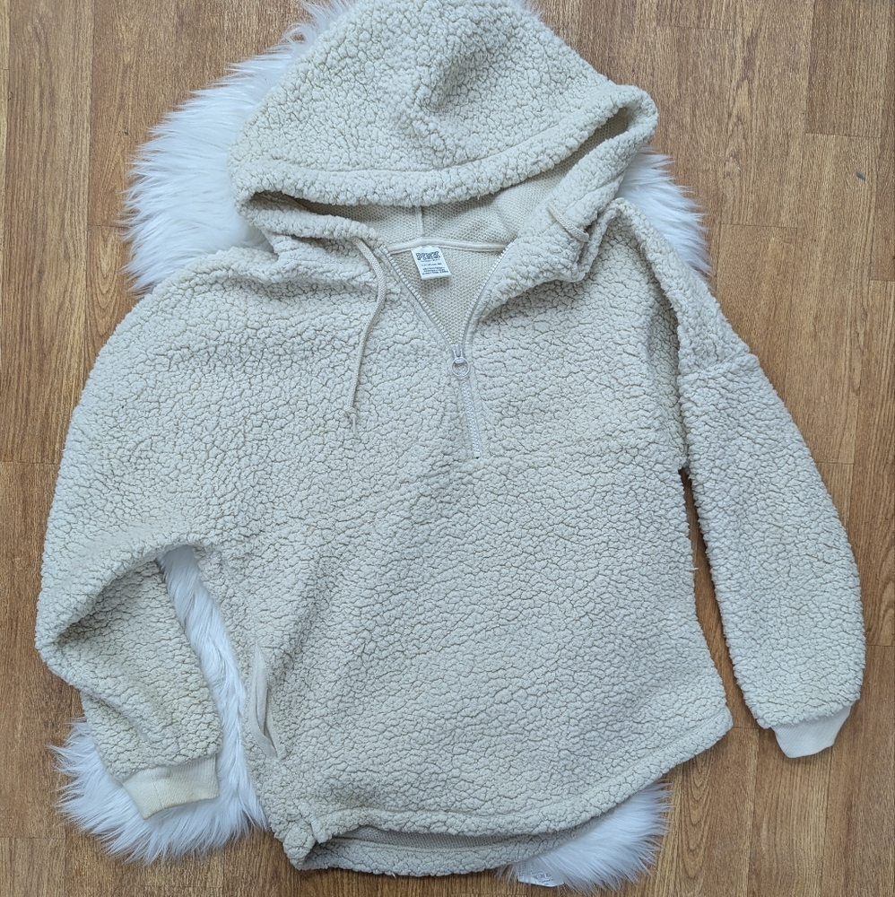 PINK Victoria's Secret Pull Over Partial Zip Sherpa Hoodie Cream